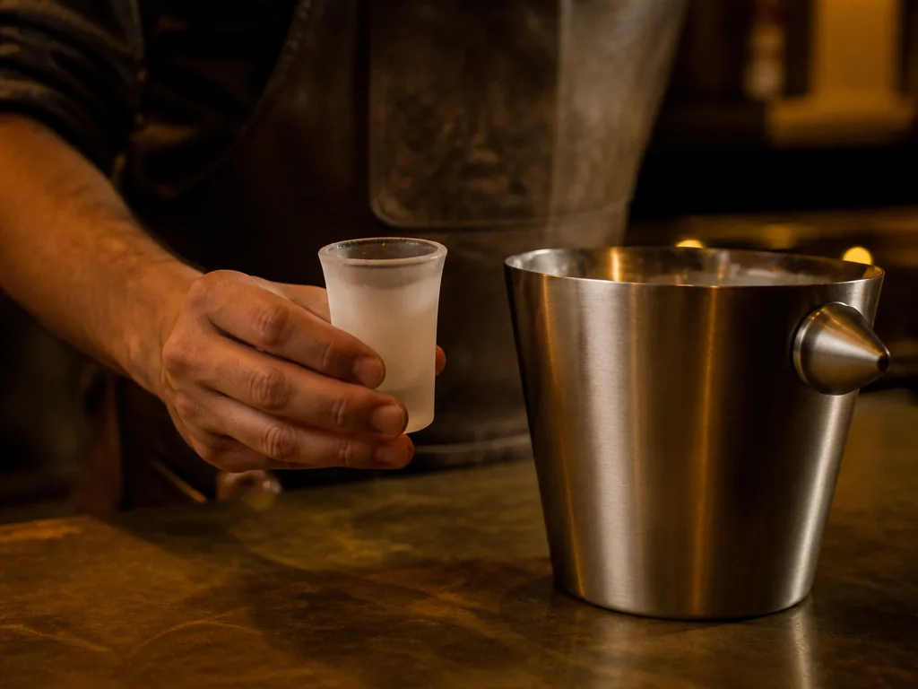 Photorealistic editorial photograph of a bartender's hand holding a frosted shot glass near a stainless steel ice bucket