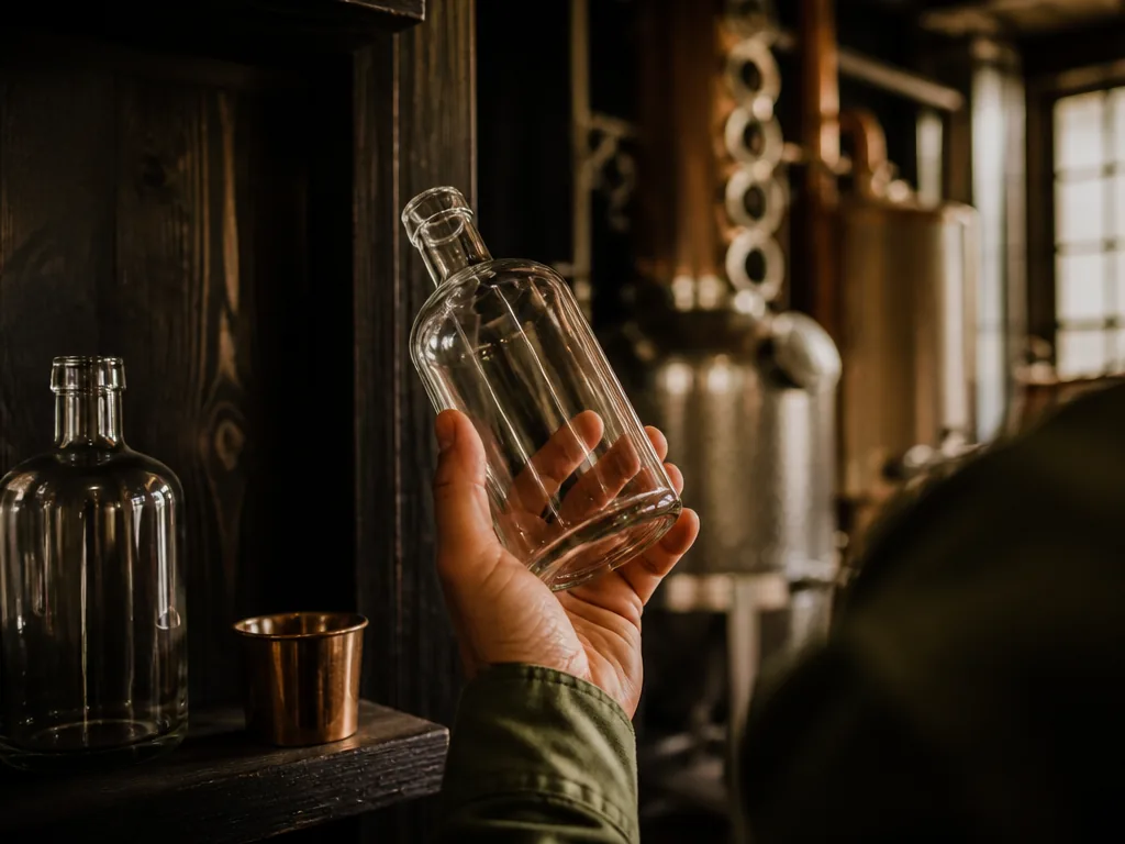 Photorealistic editorial photograph of a shopper's hand turning a blank clear glass bottle to inspect its clarity agains