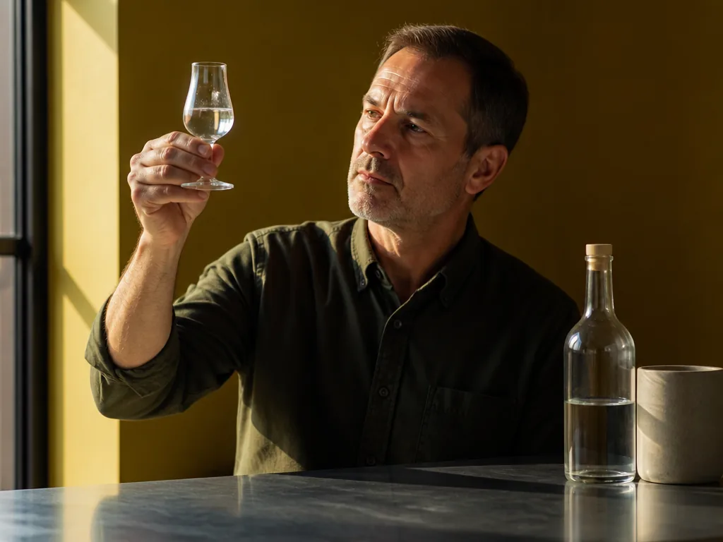 Photorealistic editorial photograph of a taster holding a plain crystal glass of clear vodka up to warm window light, fo