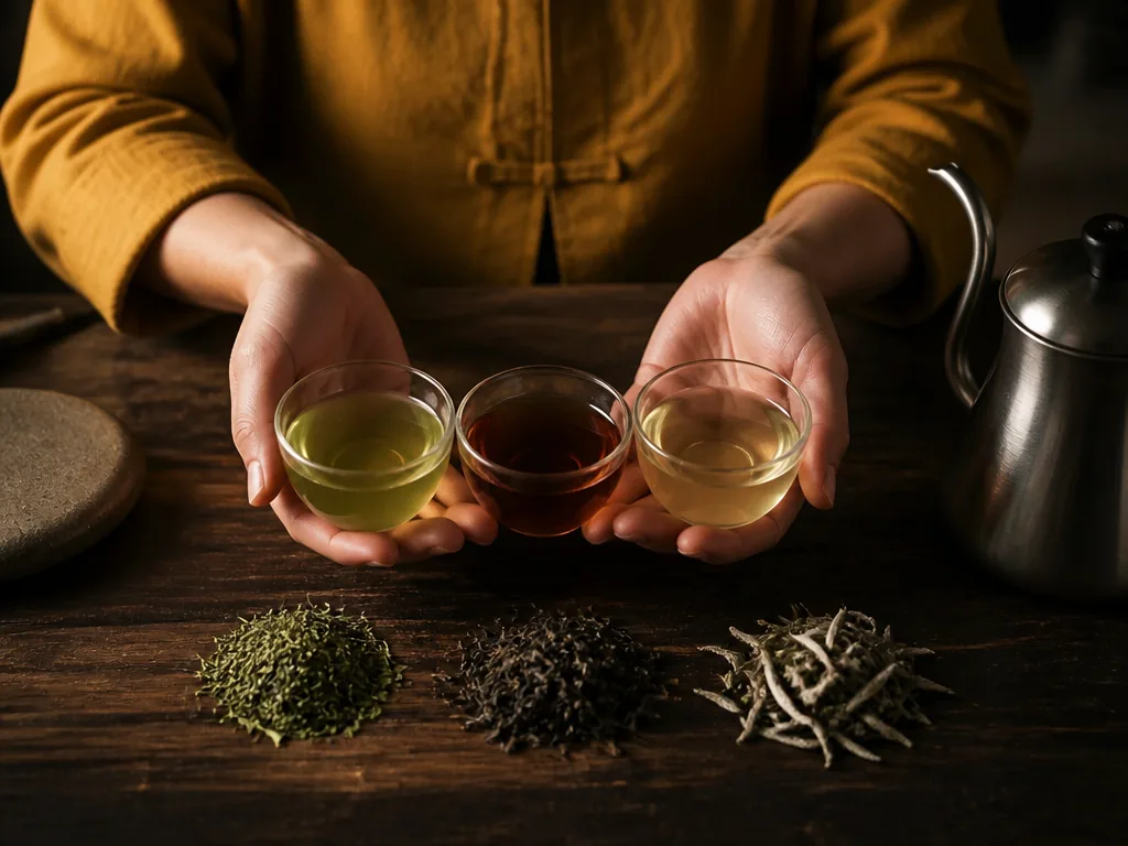 Photorealistic editorial photograph of a tea brewer's hands holding three small glass cups of green, black, and white te