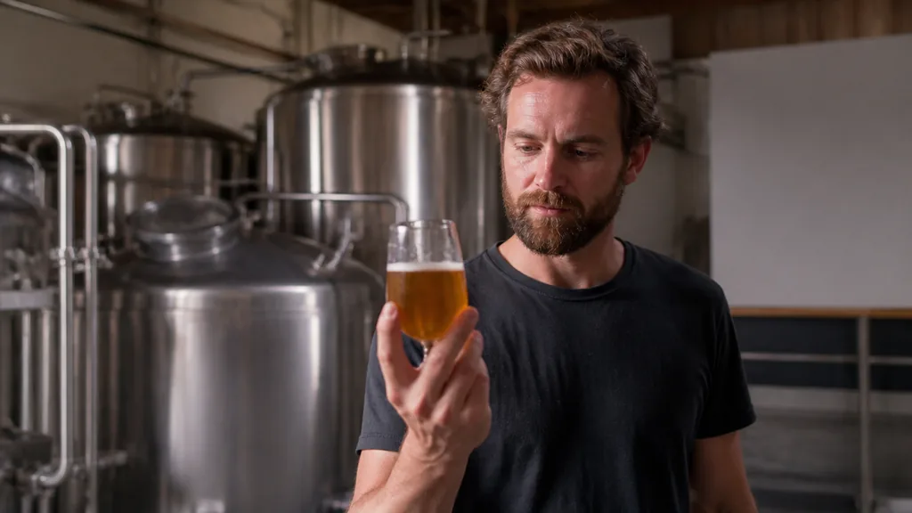 Brasseur examinant une chope de bière ambrée devant les cuves d'une brasserie artisanale