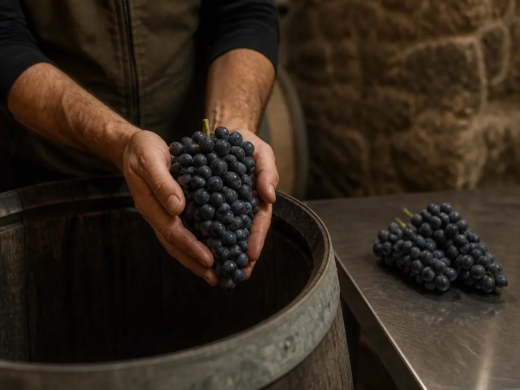 Photorealistic editorial photograph of a winemaker's hands holding a ripe cabernet sauvignon grape cluster over a dark w