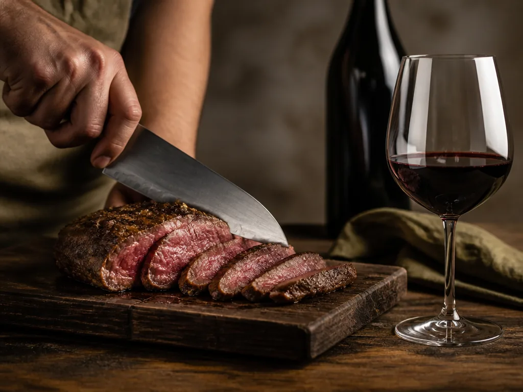 Photorealistic editorial photograph of a chef's hand slicing a rare steak on a dark wooden board beside a plain glass of