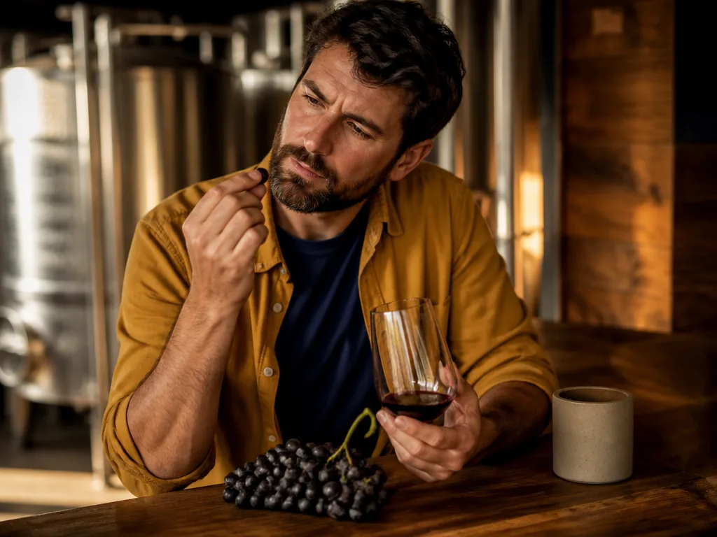 Grappe de cabernet sauvignon mûre, un vigneron la tient avec précaution
