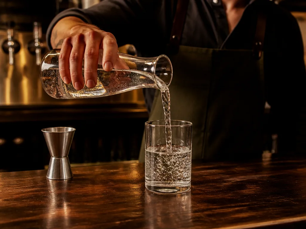 Photorealistic editorial photograph of a bartender's hand pouring sparkling water from an unmarked glass carafe into a p