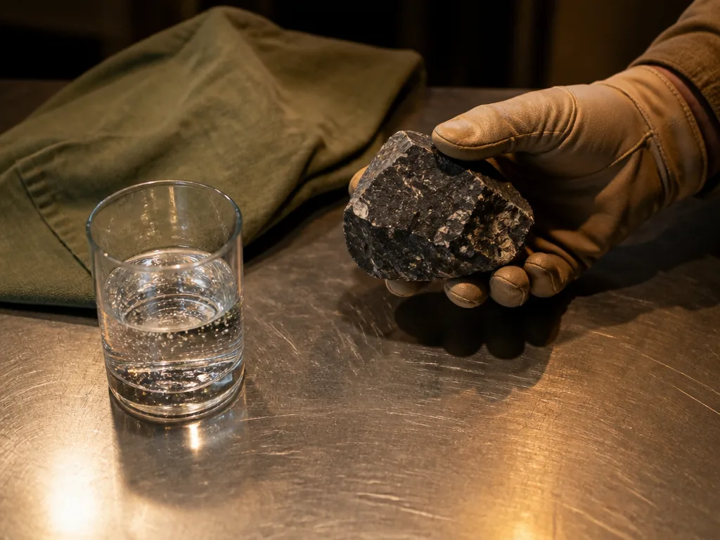Photorealistic editorial photograph of a geologist's gloved hand holding a chunk of dark limestone beside a clear glass