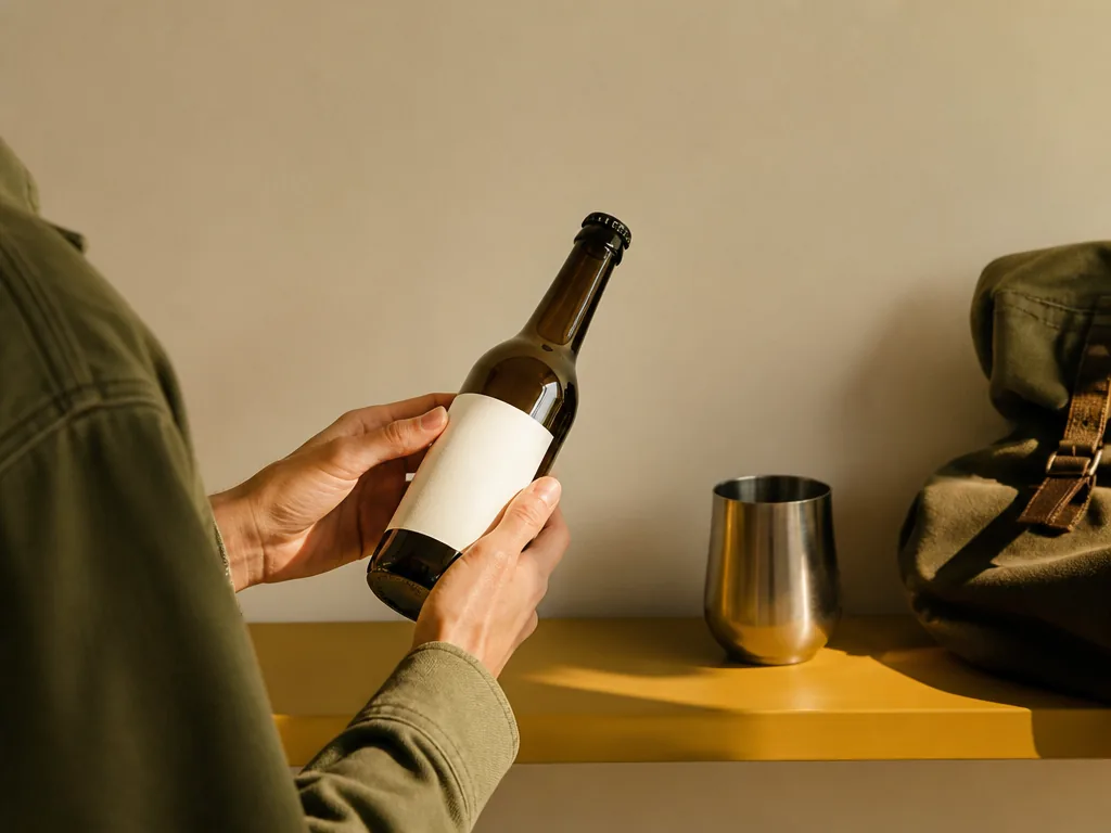 Photorealistic editorial photograph of a shopper's hands turning an unmarked glass bottle to read a blank label, empty c