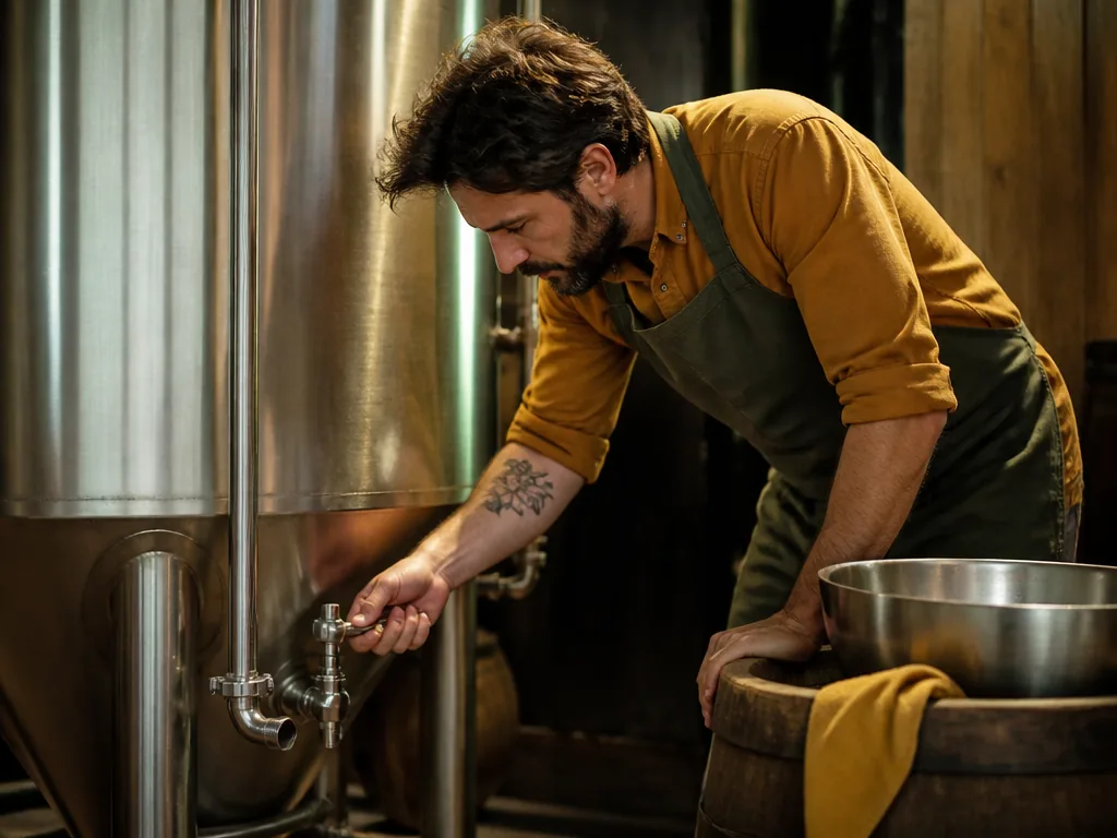 Photorealistic editorial photograph of one brewer checking a conditioning tank valve after maturation, beside brushed st