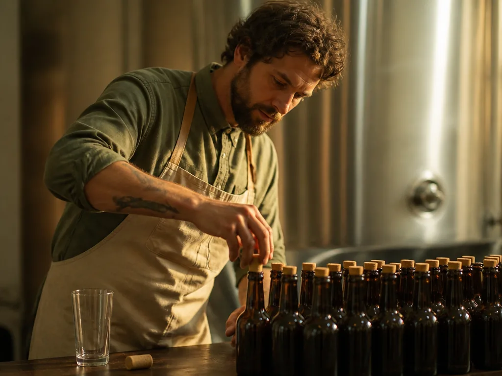 Photorealistic editorial photograph of one brewer hand-corking the final row of unmarked amber bottles on a dark wooden