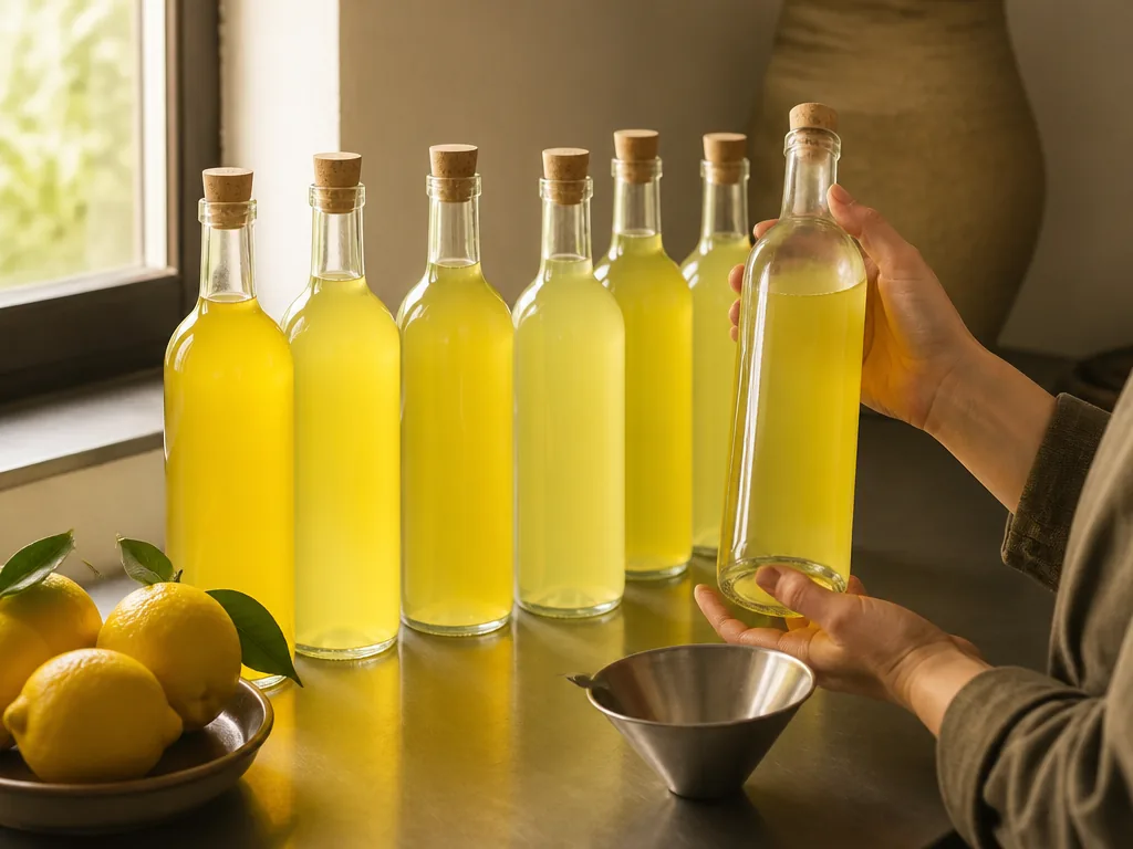 Photorealistic editorial photograph of a row of clear glass bottles filled with varying yellow limoncello hues, one bott