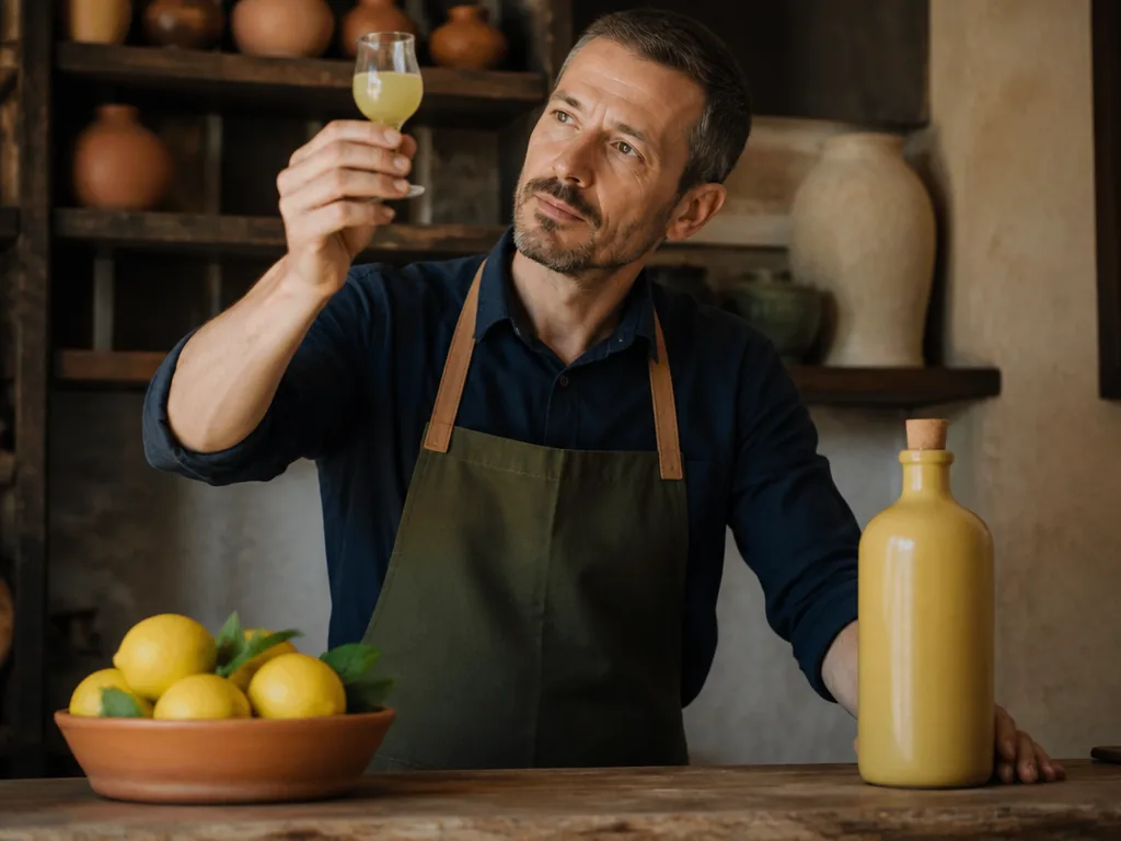 Bouteille de limoncello avec étiquette indiquant le degré d'alcool, verre rempli à côté