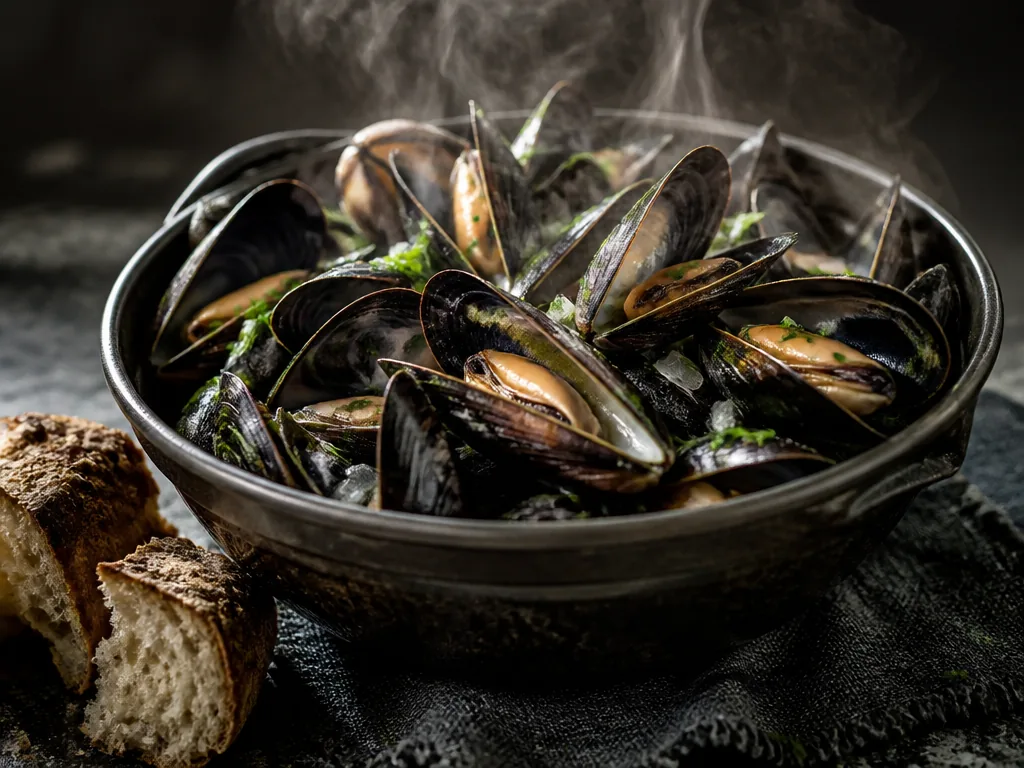 Marmite de moules ouvertes nappées de sauce au vin blanc et beurre persillées
