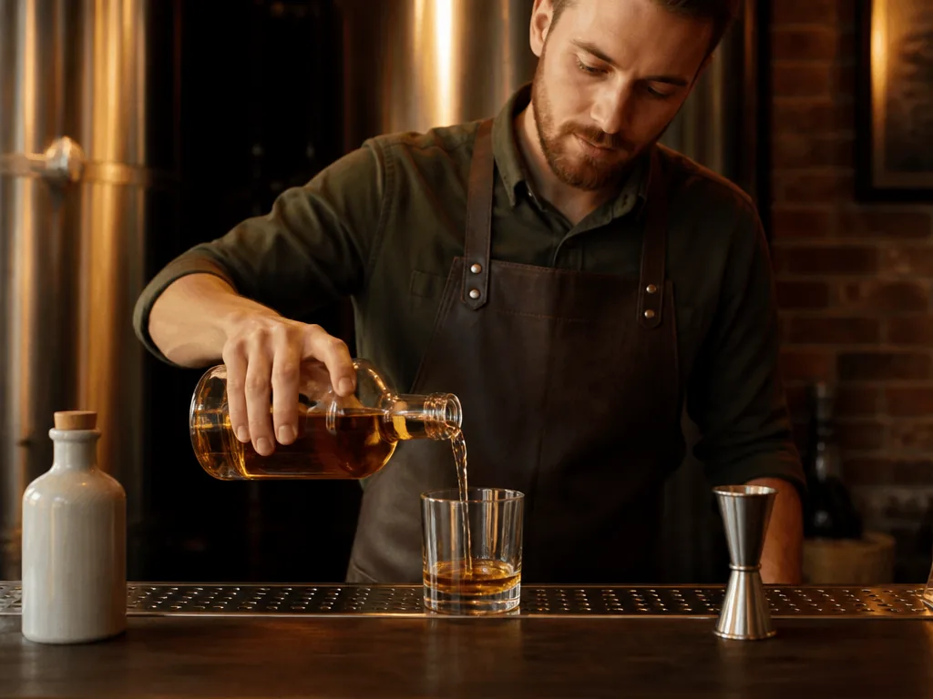 Photorealistic editorial photograph of a bartender pouring a golden amber spirit into a clear glass, hand gripping the b