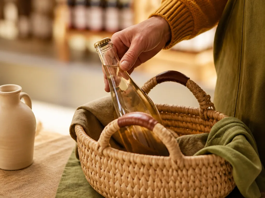 Photorealistic editorial photograph of a shopper's hand placing a plain glass bottle into a woven market basket, warm cr