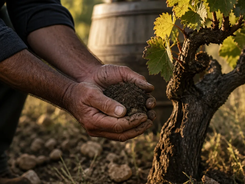Photorealistic editorial photograph: a winemaker's weathered hands holding a dark soil clump beside an old vine in Cahor