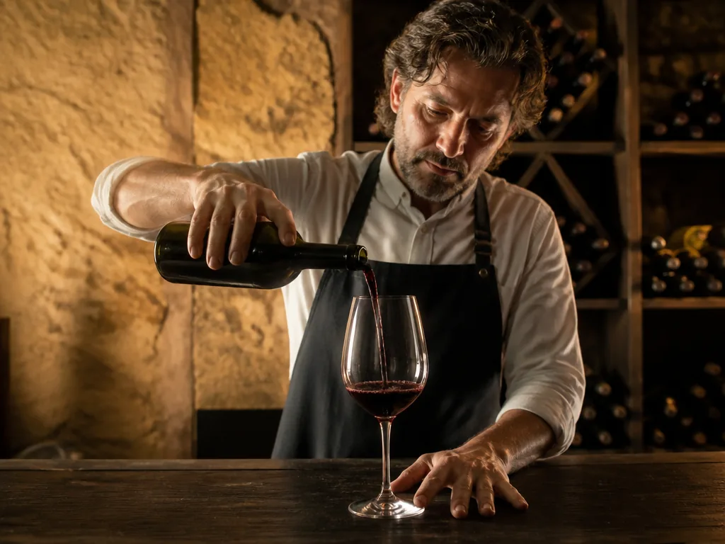 Photorealistic editorial photograph: a sommelier pours a deep ruby malbec into a plain crystal glass, bottle unlabeled o