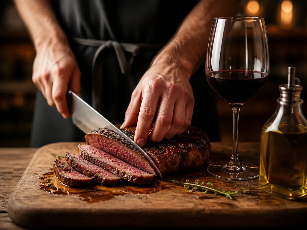 Photorealistic editorial photograph: a chef's hands slicing a rare grilled steak on a wooden board, a glass of malbec be