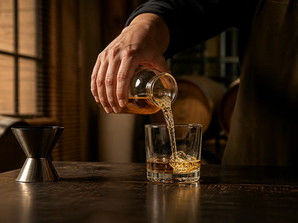 Photorealistic editorial photograph of hands pouring amber whisky into a plain crystal glass on dark wood, warm side lig